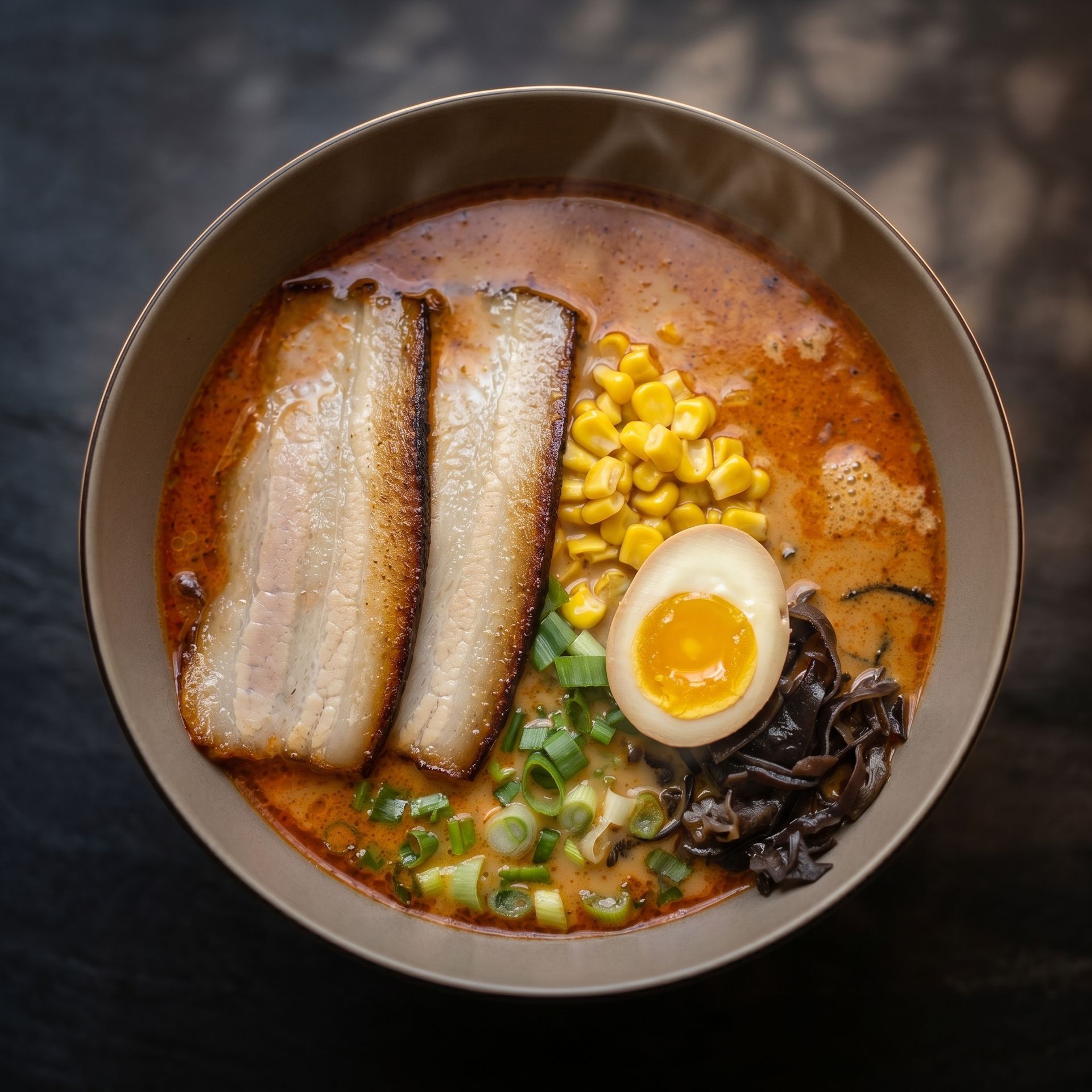 Ramen bowl with pork belly, soft egg, corn, greens, and seaweed in red broth