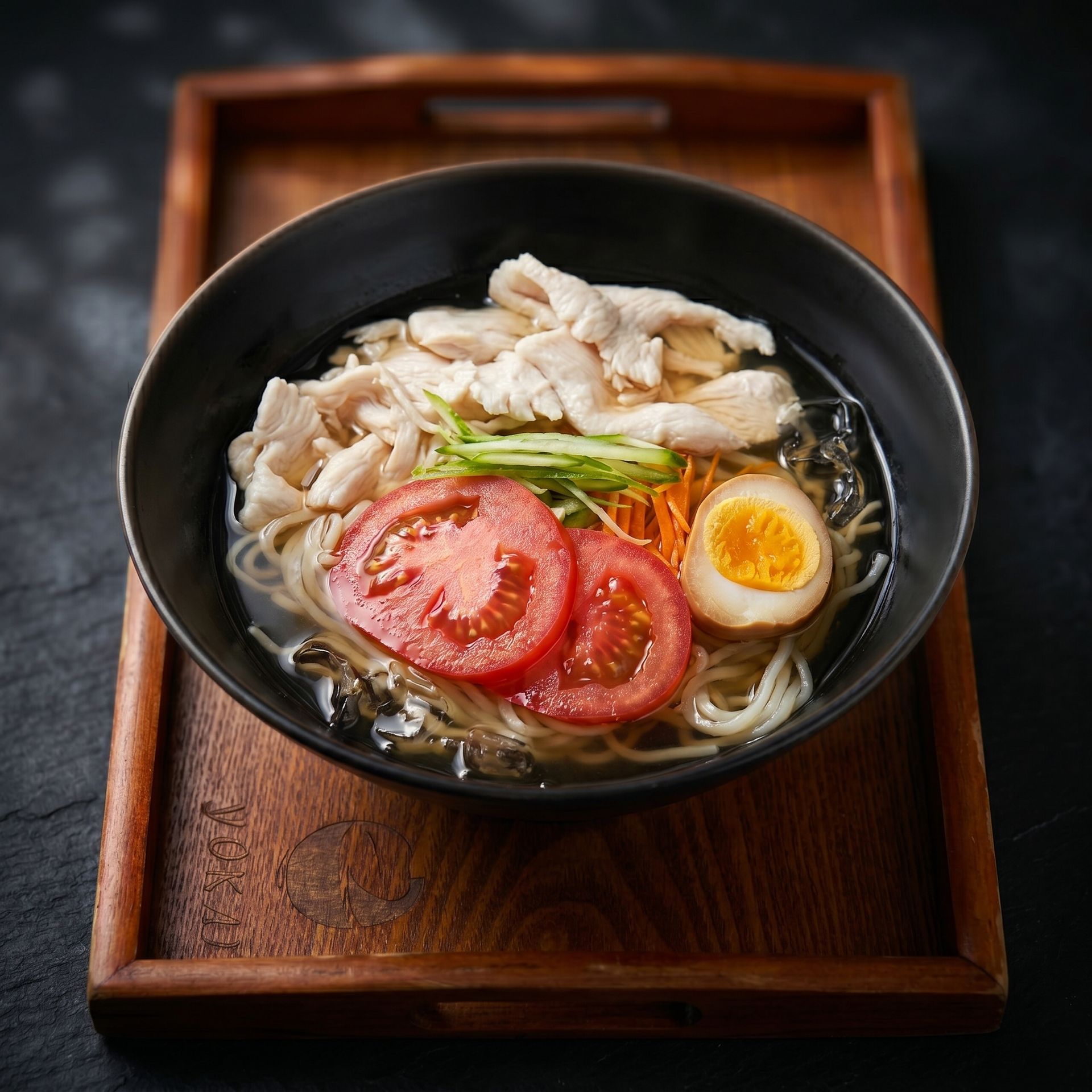 Bowl of noodle soup with sliced tomato, egg, and chicken on a wooden tray