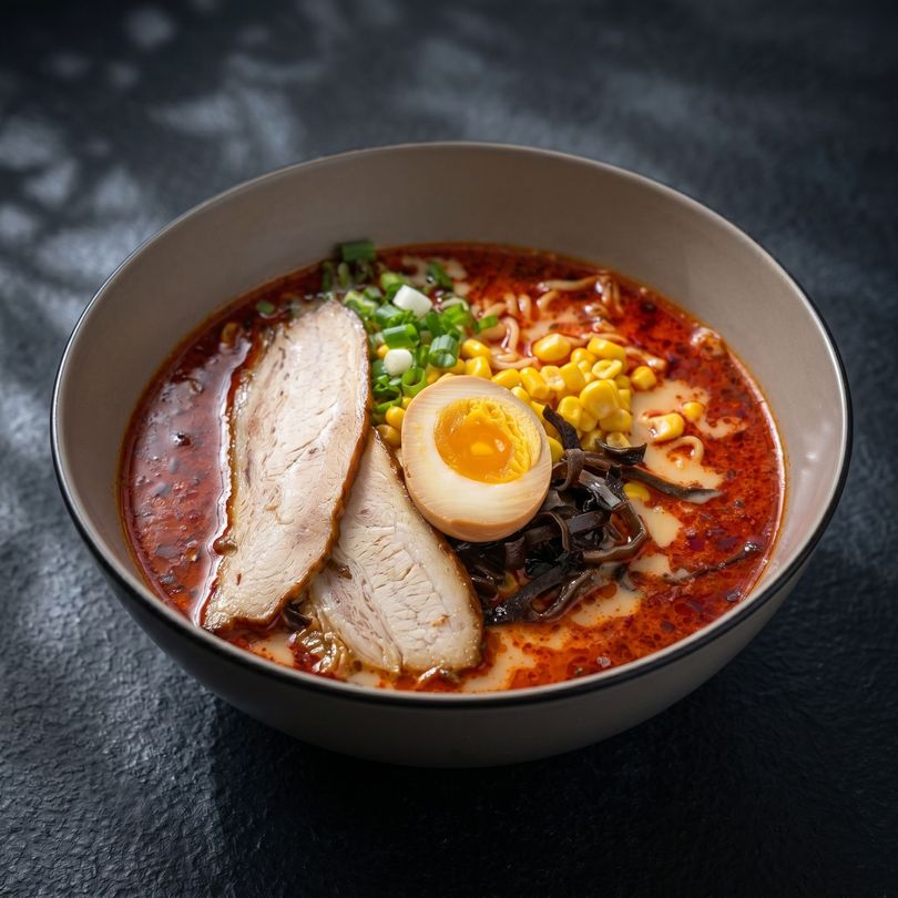 Ramen bowl with sliced pork, soft-boiled egg, corn, seaweed, and red broth on a dark table