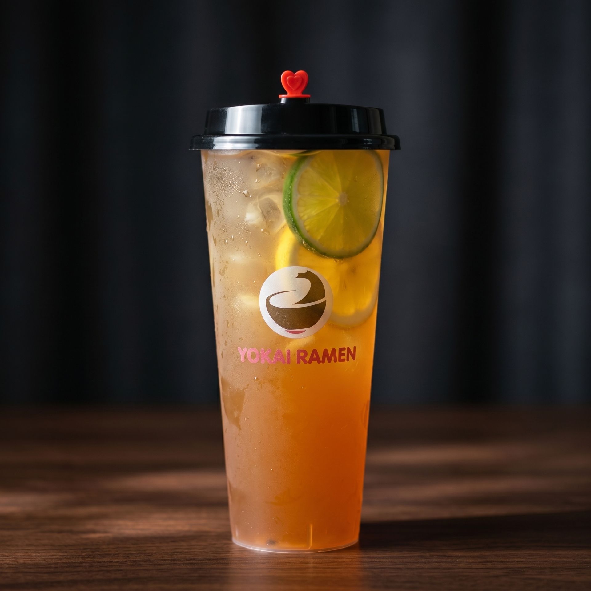 Clear orange iced drink in a tall cup with lime slices and black lid on a wooden table
