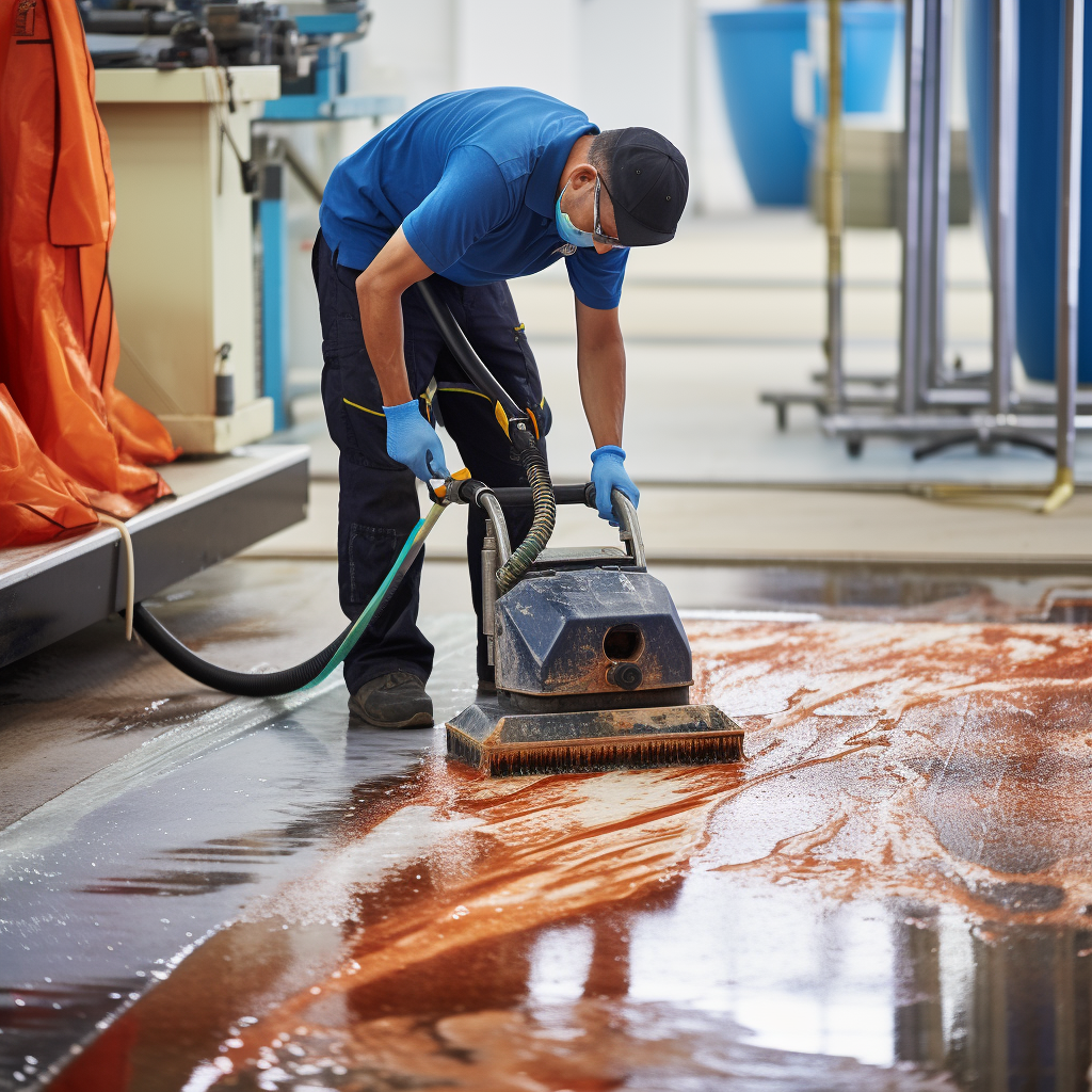 A man is cleaning a floor with a vacuum cleaner.
