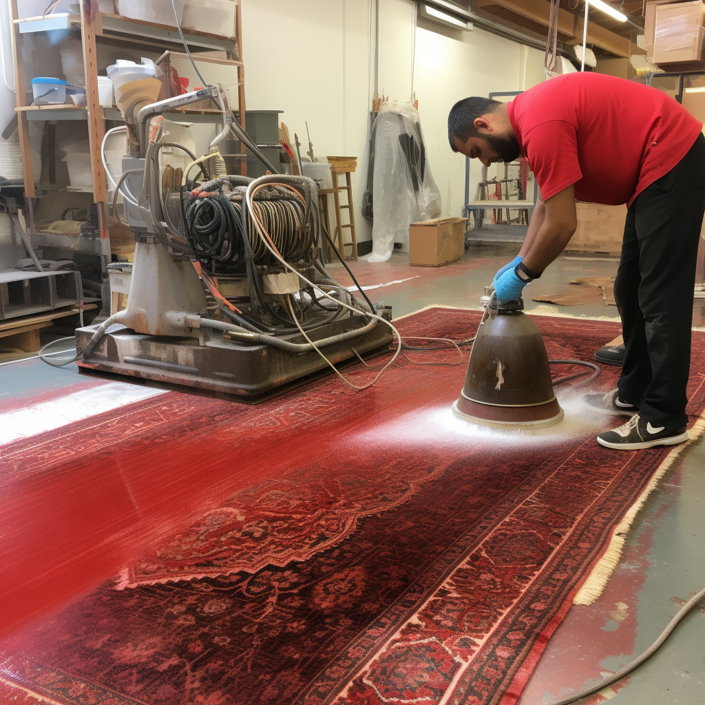 A man in a red shirt is cleaning a red rug with a machine.