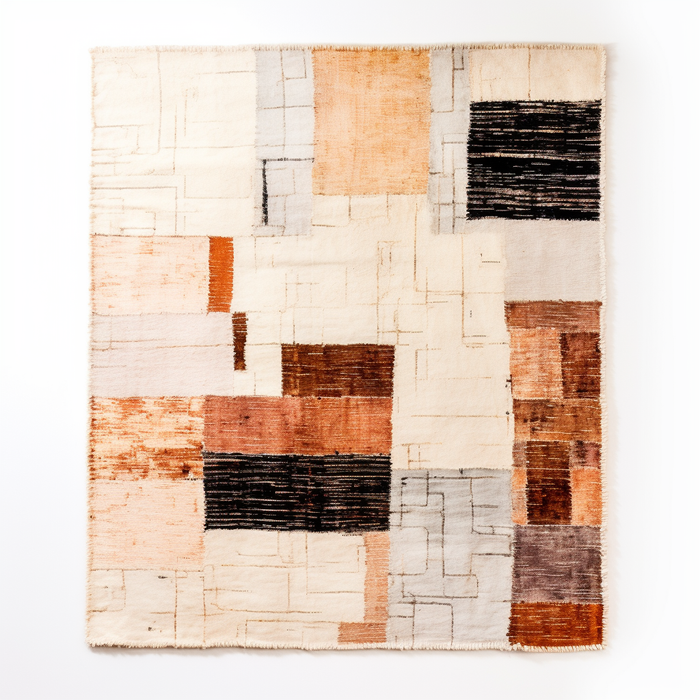 A rug with a geometric pattern is hanging on a white wall.
