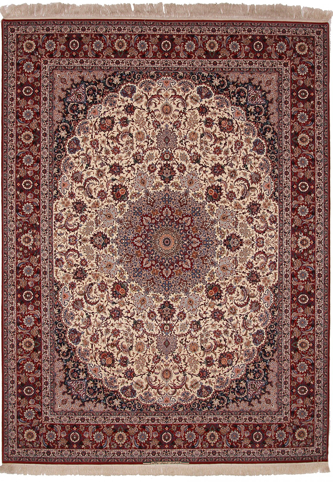 A rug with a floral pattern and fringe on a white background.