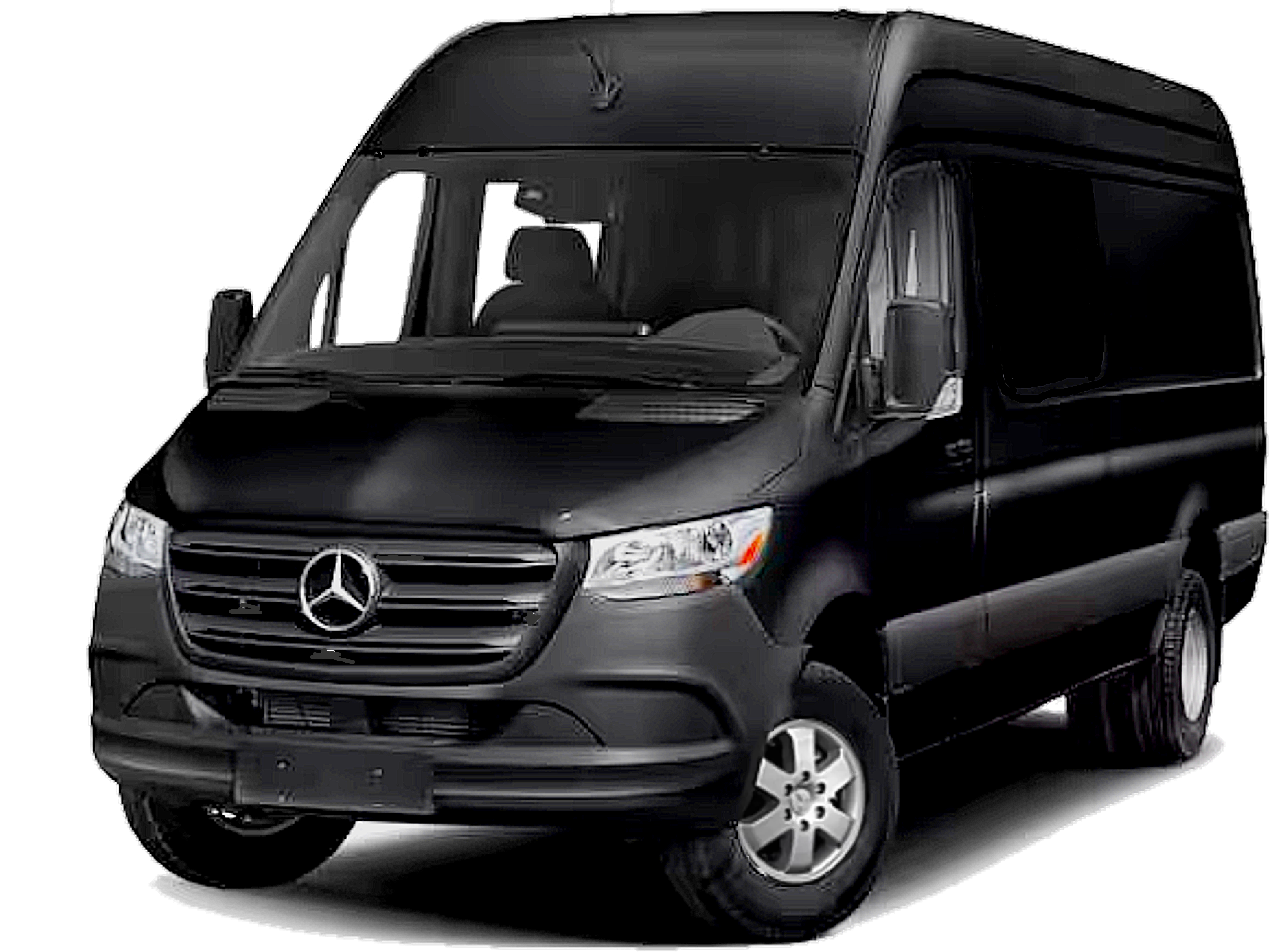 A black executive sprinter van is shown on a white background.