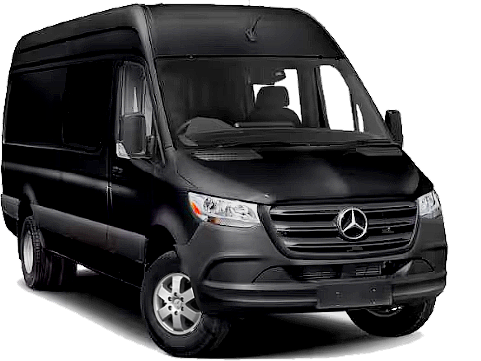 A black executive sprinter van is shown on a white background.