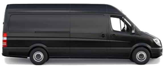 A black van is sitting on a white surface
