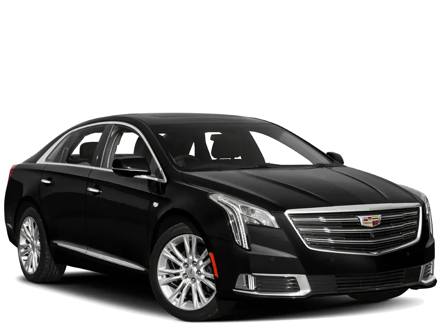 A black luxury sedan is shown on a white background.