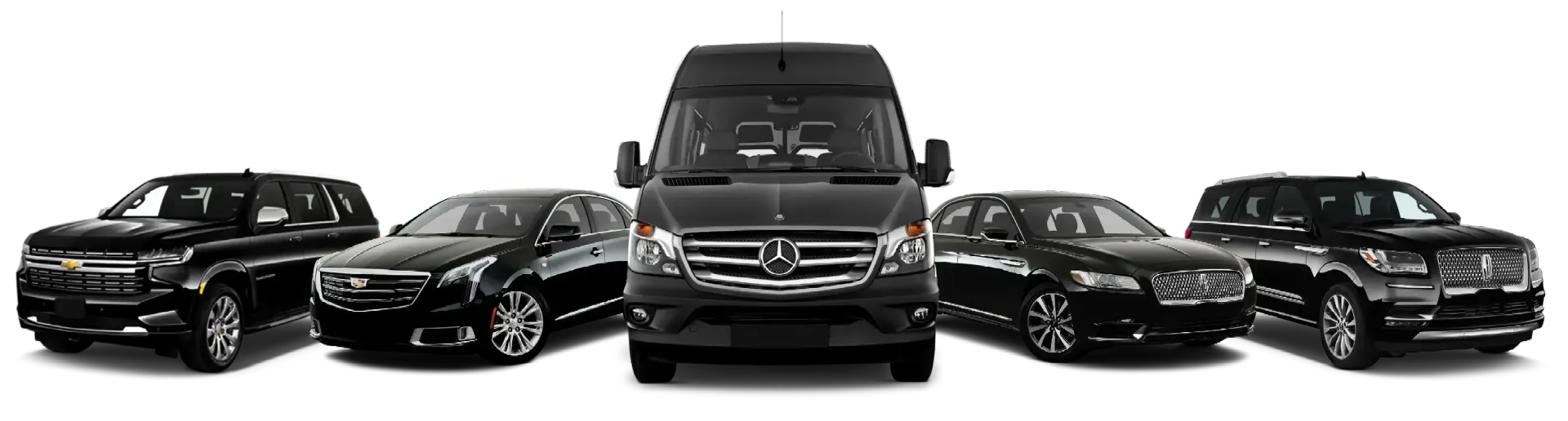 A group of black cars are lined up next to each other on a white background.