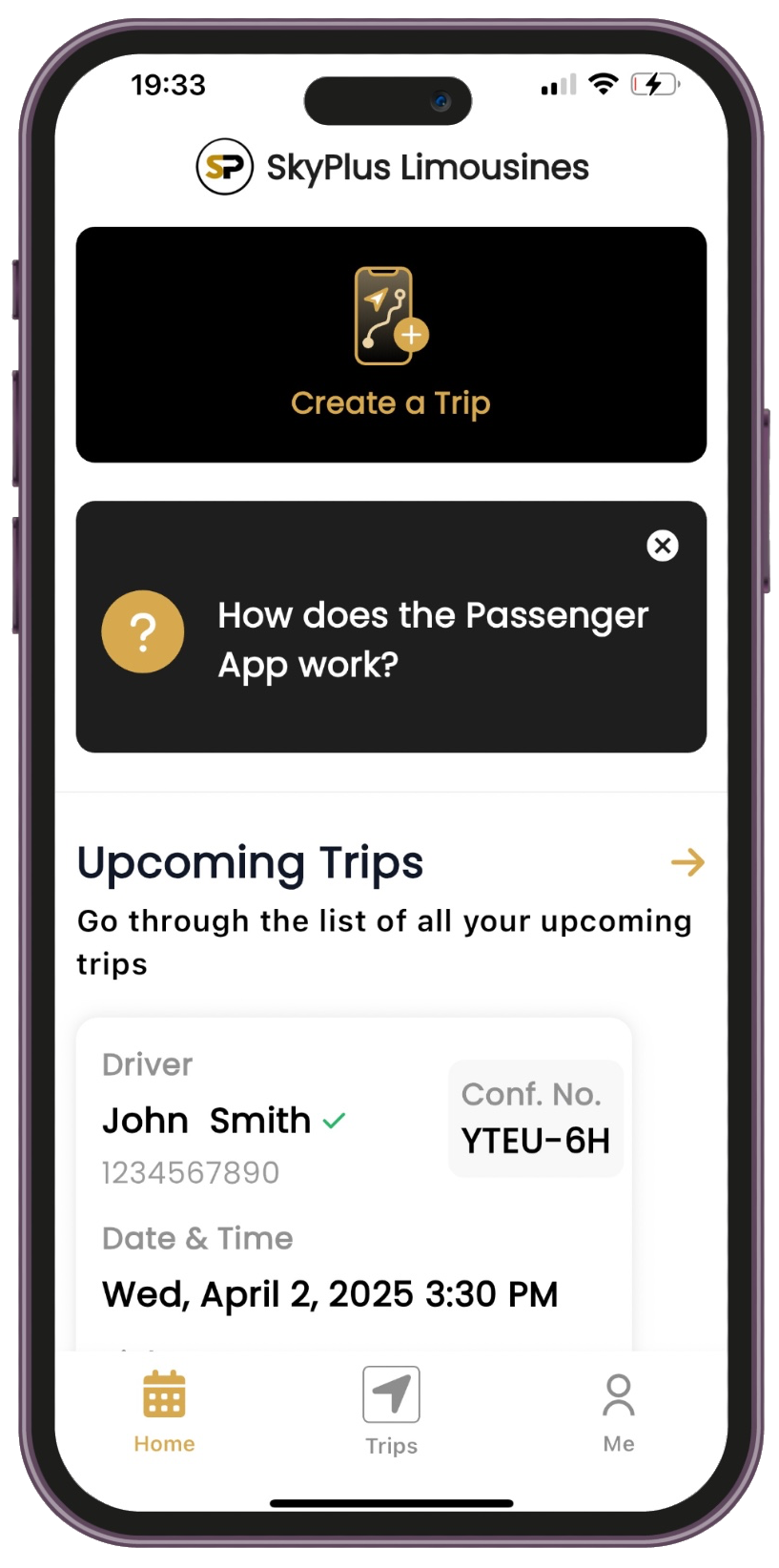 Cell phone in their hand with the Skyplus Limo app loaded