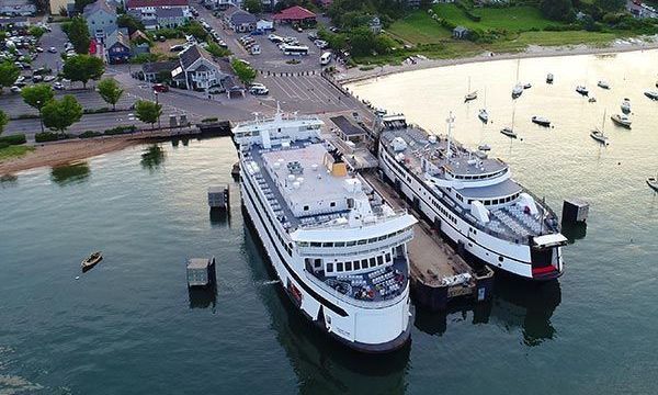 A couple of ferries are docked in Martha's Vineyard.