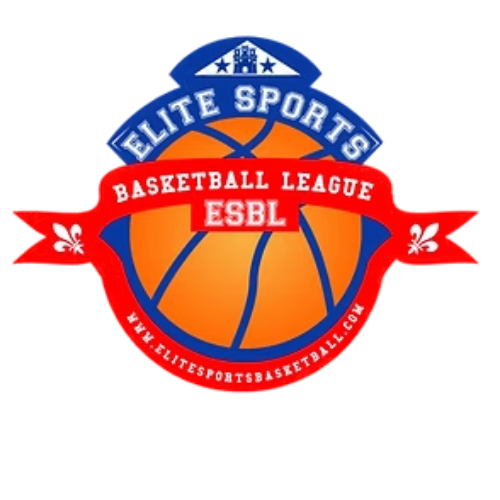 Logo for Elite Sports Basketball League: a basketball inside a red and blue design.