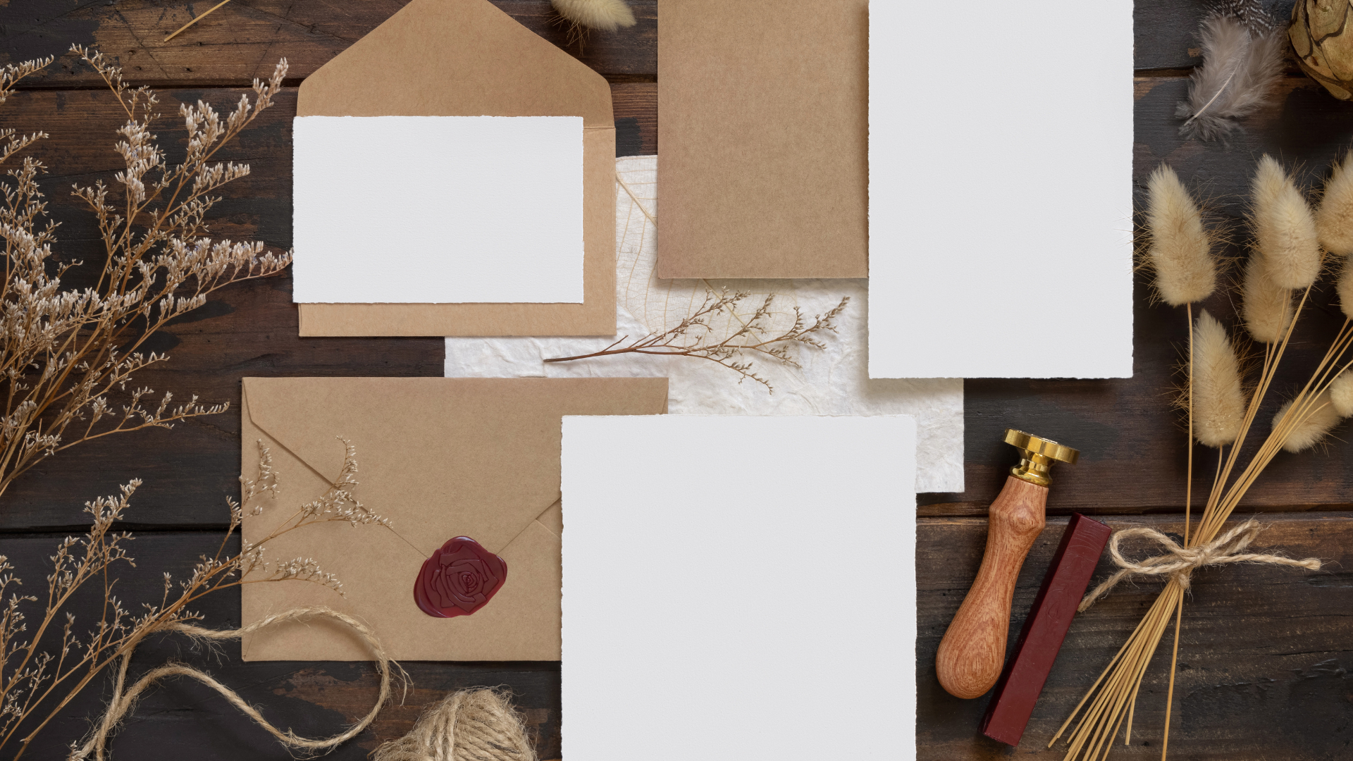 Flat lay: stationary items, including envelopes, blank cards, a wax seal, and dried flowers on a wooden surface.