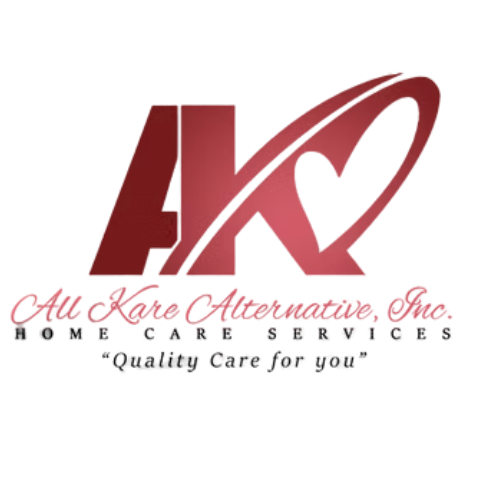 Logo for All Kare Alternative, Inc. with "AK" in burgundy, an arc, and text "Home Care Services," "Quality Care for you."
