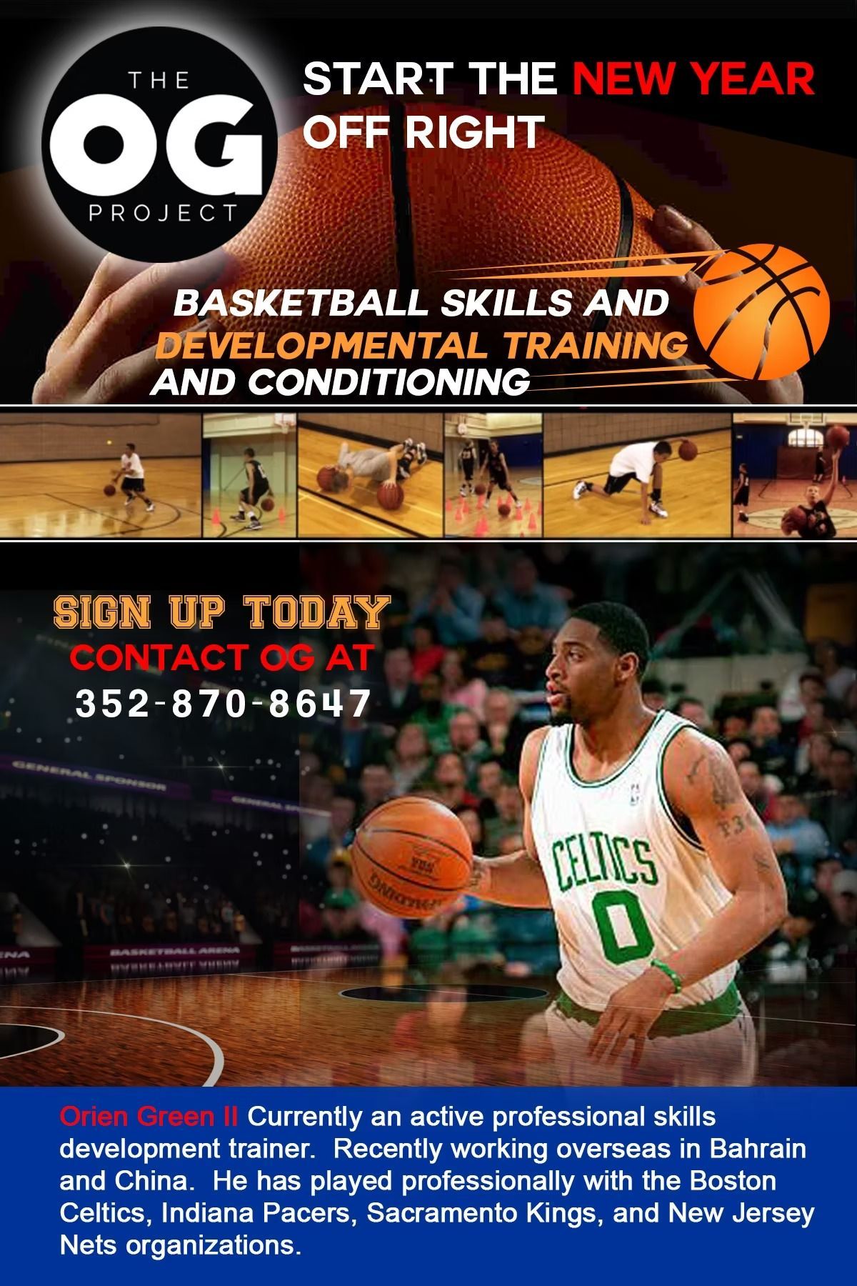 Basketball skills training flyer with a player, basketball, and contact information.