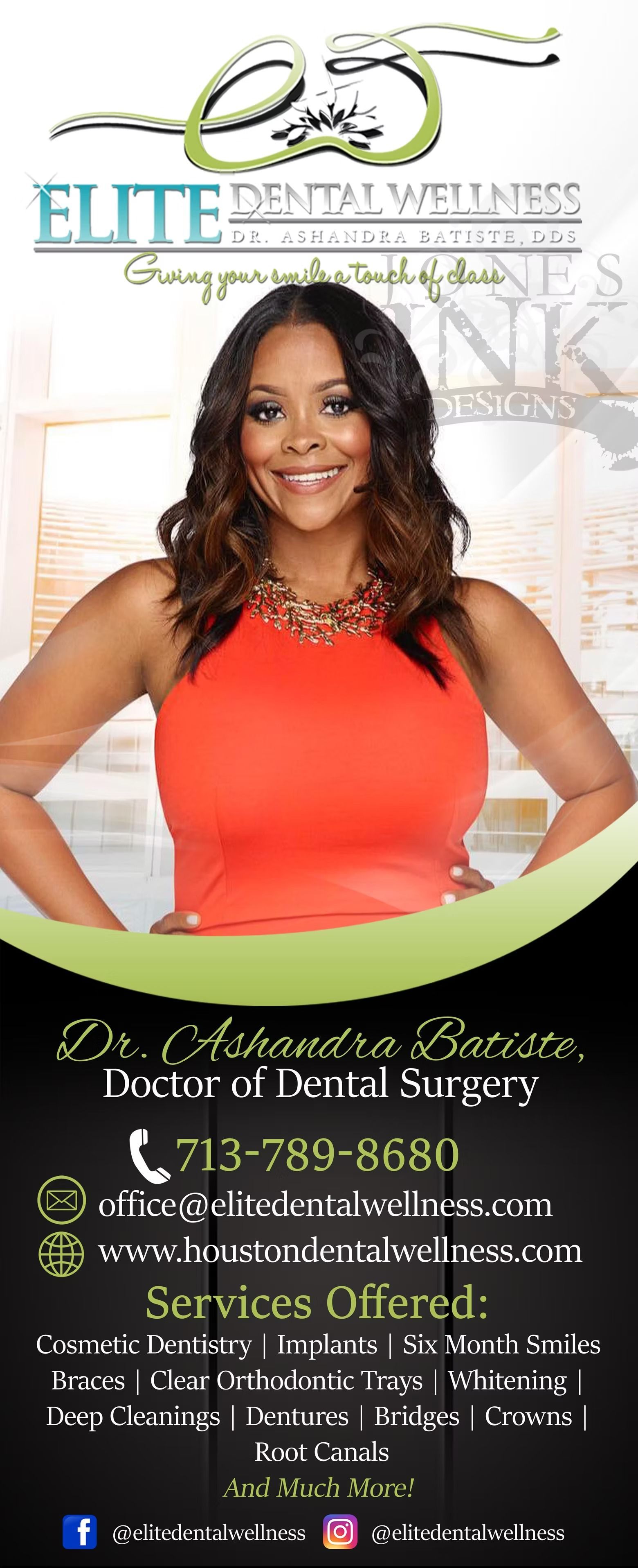 Ad for Elite Dental Wellness, featuring a woman in an orange dress. Includes contact info and services offered.