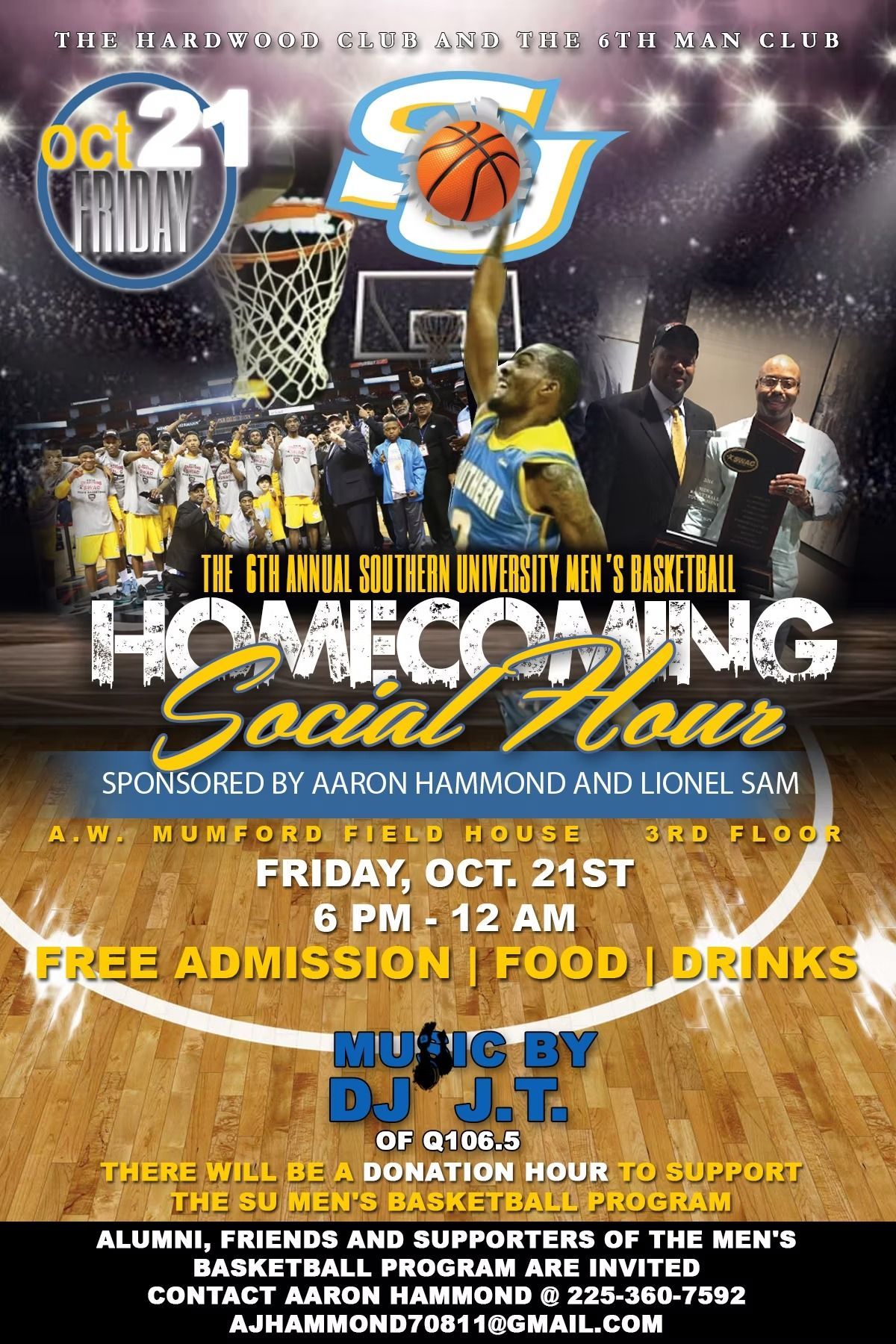 Homecoming social hour event flyer. Features a basketball player, basketball hoop, and text with event details.