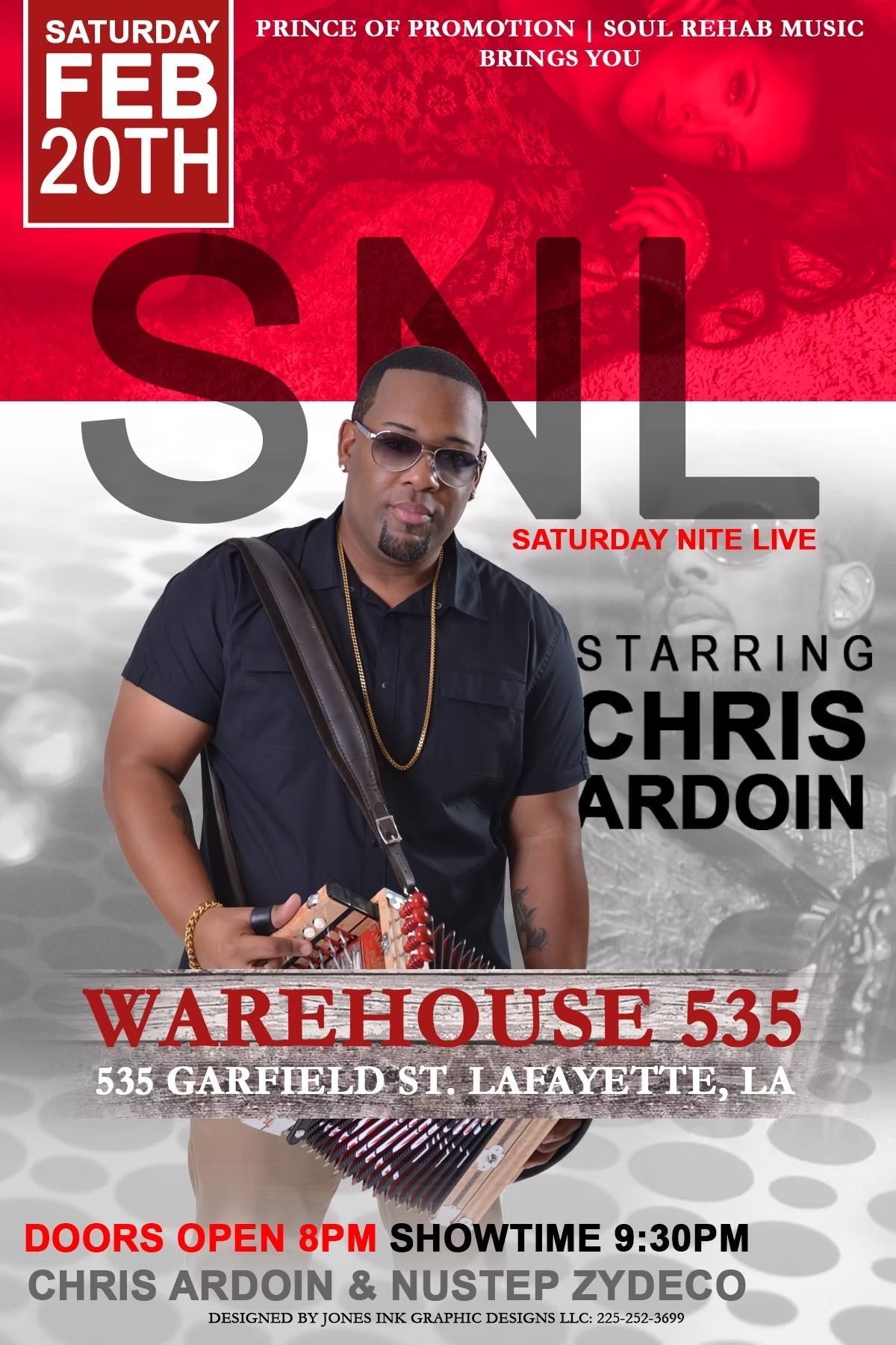 Poster for a music event at Warehouse 535 in Lafayette, LA, starring Chris Ardoin. Saturday, Feb 20th.