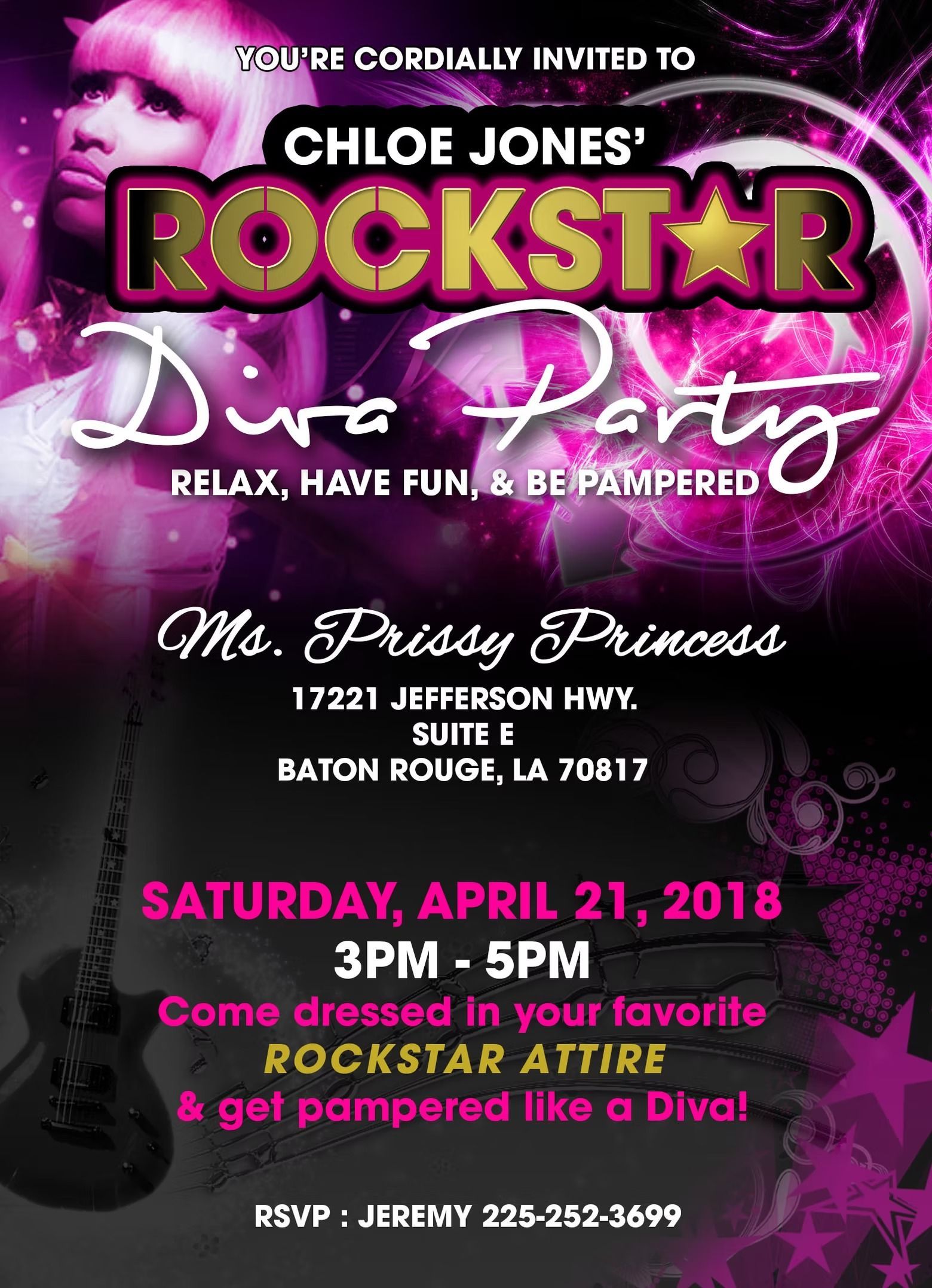 Flyer for Chloe Jones' Rockstar Diva Party, with date, time, location, and RSVP details in pink and black.