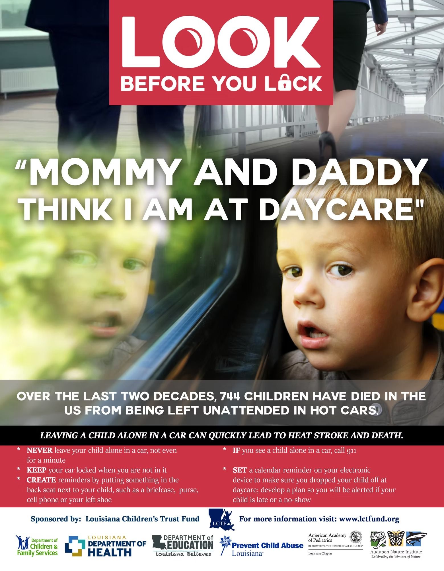 Poster: child in a hot car with text