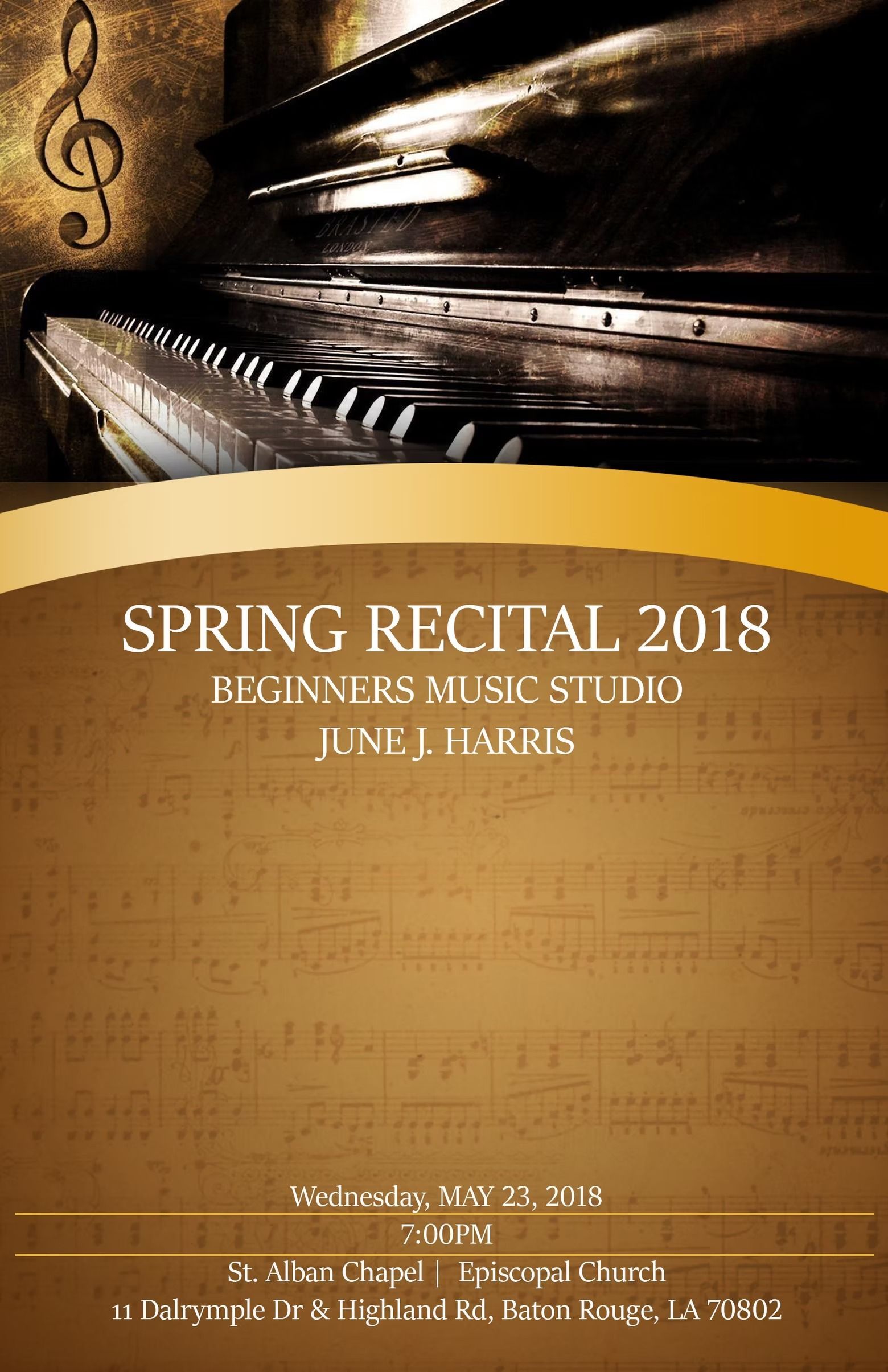 Spring recital announcement: Piano, musical notes, and gold accents.