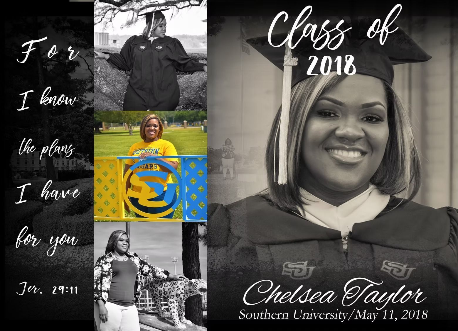 Graduation announcement for Chelsea Taylor. Black and white photos with