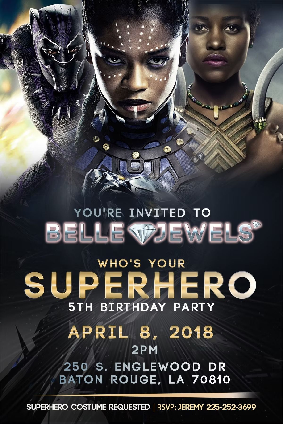 Black Panther-themed birthday party invitation. Features movie characters, party details: date, time, and location.
