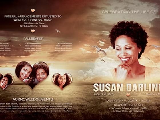 Funeral program for Susan Darling, featuring her photo with a sunset background.