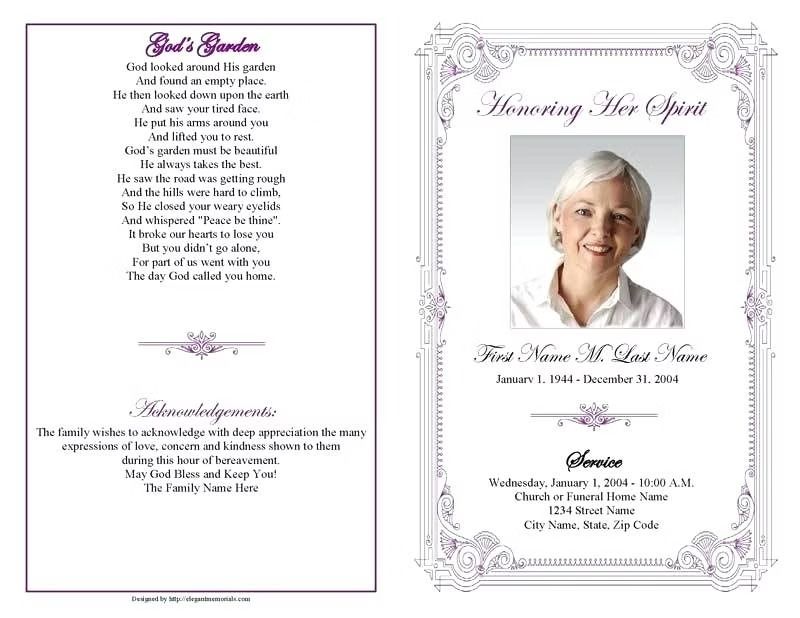 Funeral program with poem and photo of a woman, framed in purple. Service details at the bottom.