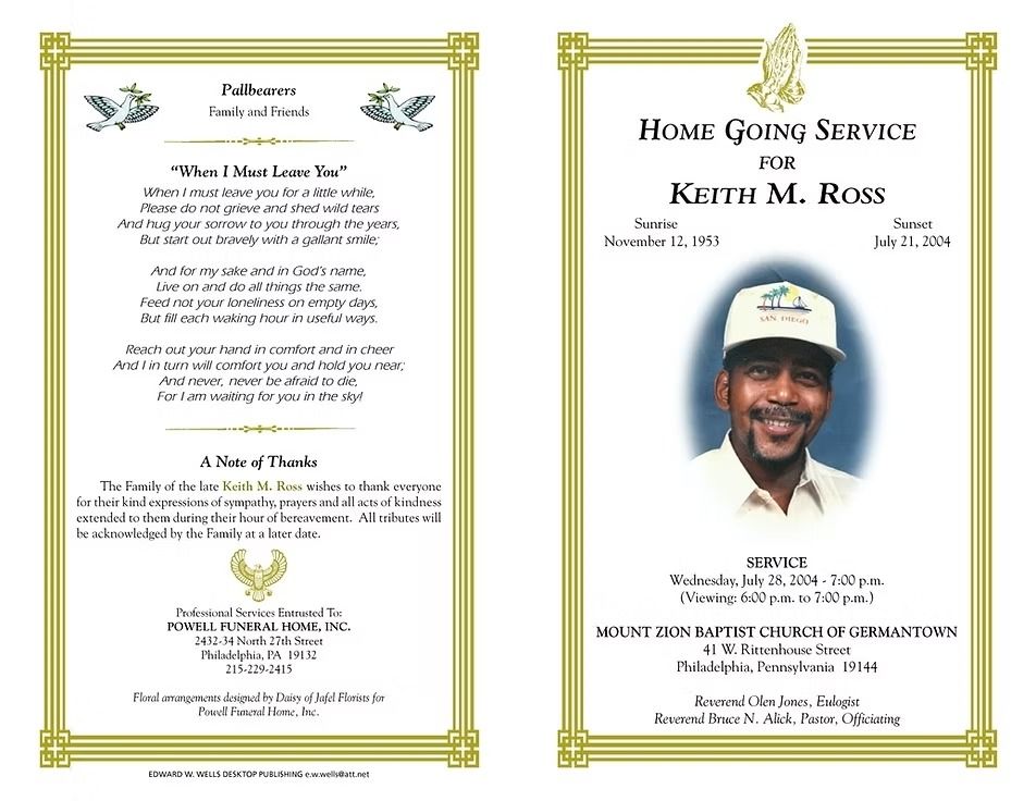 Funeral service program for Keith M. Ross with photo. Text details service date, location, and a poem.