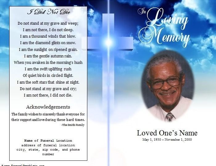 Memorial card with poem and photo of a smiling man. Blue cross, text