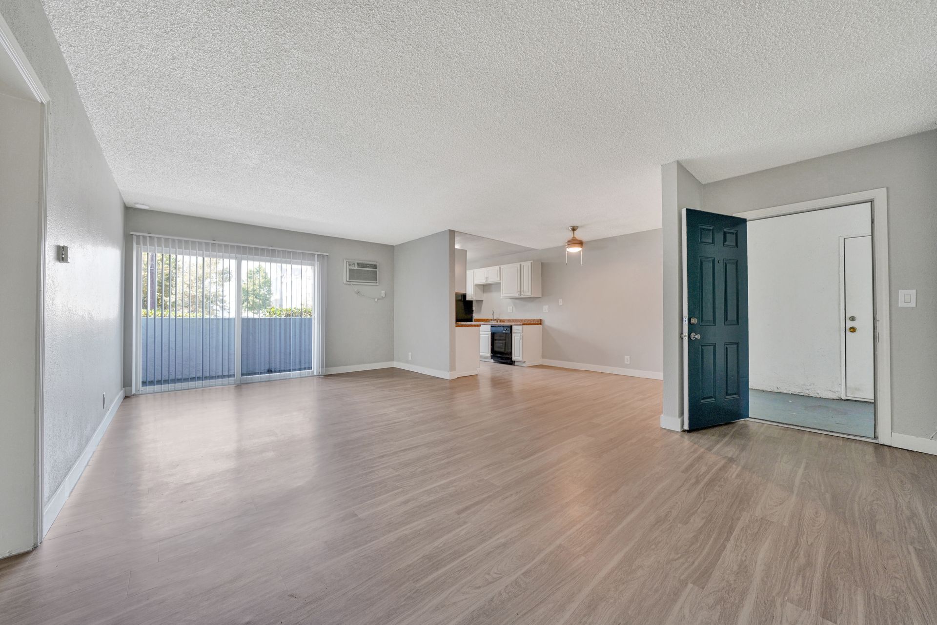 Photo of a very larg room, showing an open front door