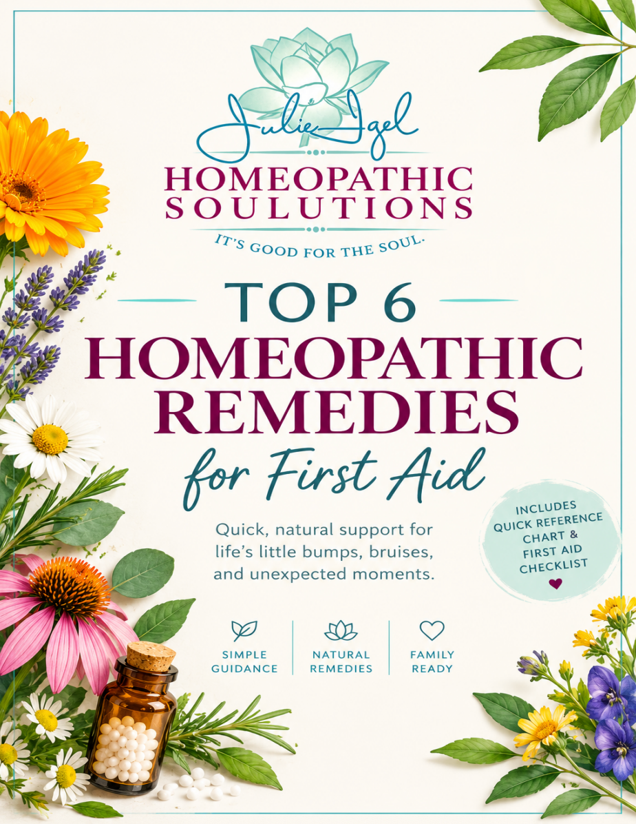 Cover with flowers and homeopathic remedies: “Top 6 Homeopathic Remedies for First Aid” by Homeopathic Solutions