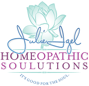 Homeopathic Solutions logo with teal flower and purple text, “It’s good for the soul” tagline