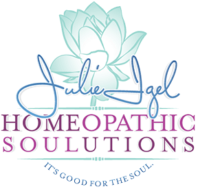 Logo for Homeopathic Solutions with teal lotus and purple text, “It’s good for the soul”