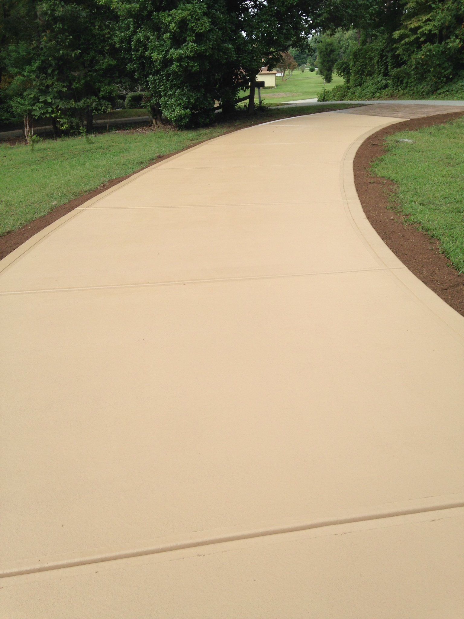 A concrete driveway going through a grassy area with trees on both sides.