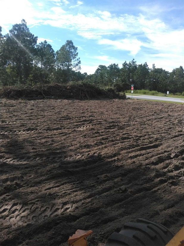 Flat property after land clearing with tree branches and logs in the distance.