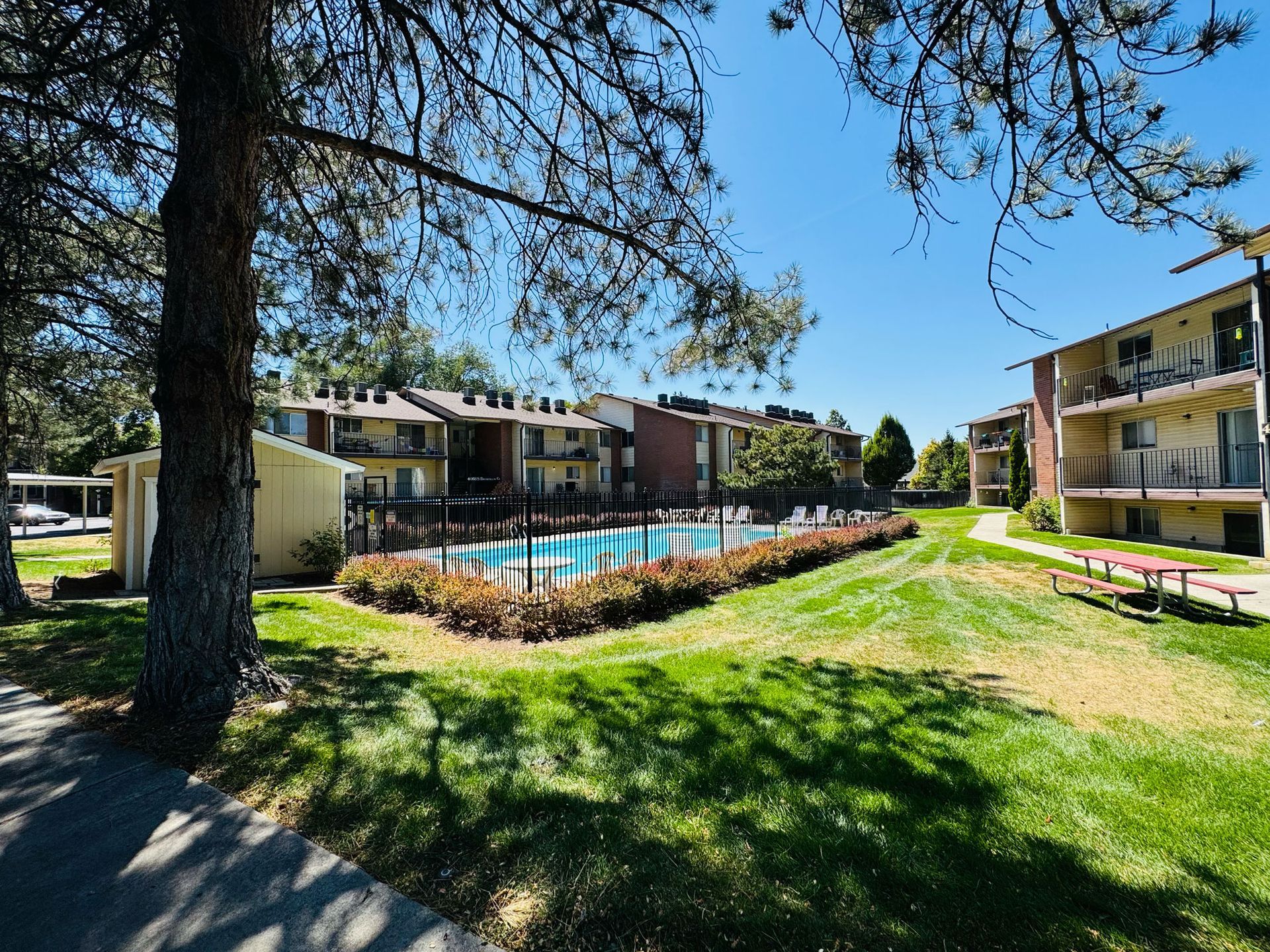 Apartment complex with a pool, green lawn, and trees under a clear blue sky.