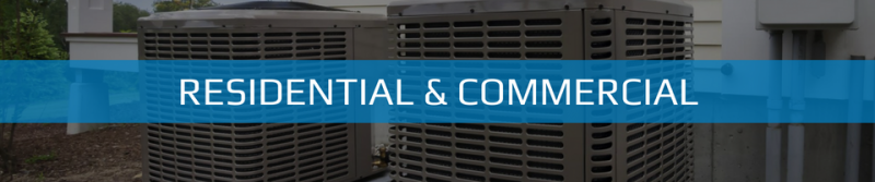 Two large HVAC units sit outside a building with a blue banner overlay reading