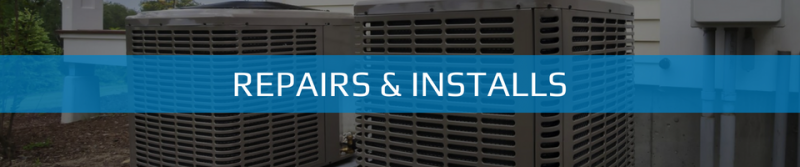 Two outdoor HVAC units against a wall with a blue banner overlay reading