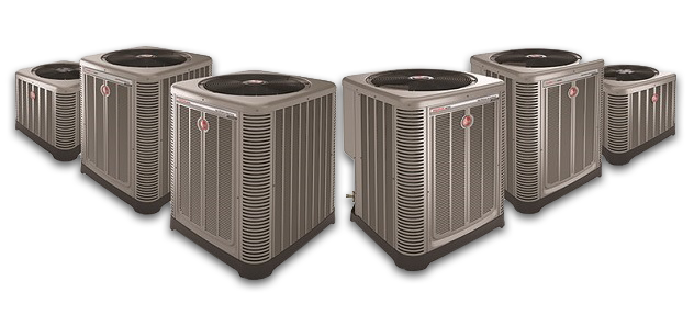 Six beige, square outdoor air conditioning units arranged in a symmetrical, V-shaped pattern.