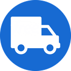 A white icon of a box truck centered on a blue circle.