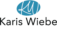 The logo for karis wiebe is a blue oval with the letter k on it.
