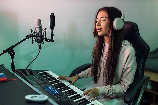 A woman is singing into a microphone while playing a keyboard.