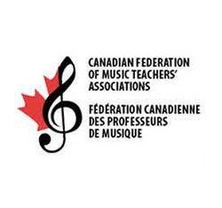 The logo for the canadian federation of music teachers associations has a treble clef and a maple leaf.