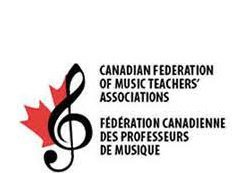 The logo for the canadian federation of music teachers associations has a treble clef and a maple leaf.