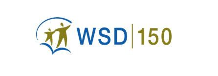 The logo for wsd 150 is a blue and green logo with a person holding a book.