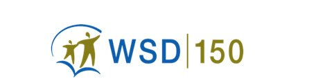 The logo for wsd 150 is a blue and green logo with a person holding a book.