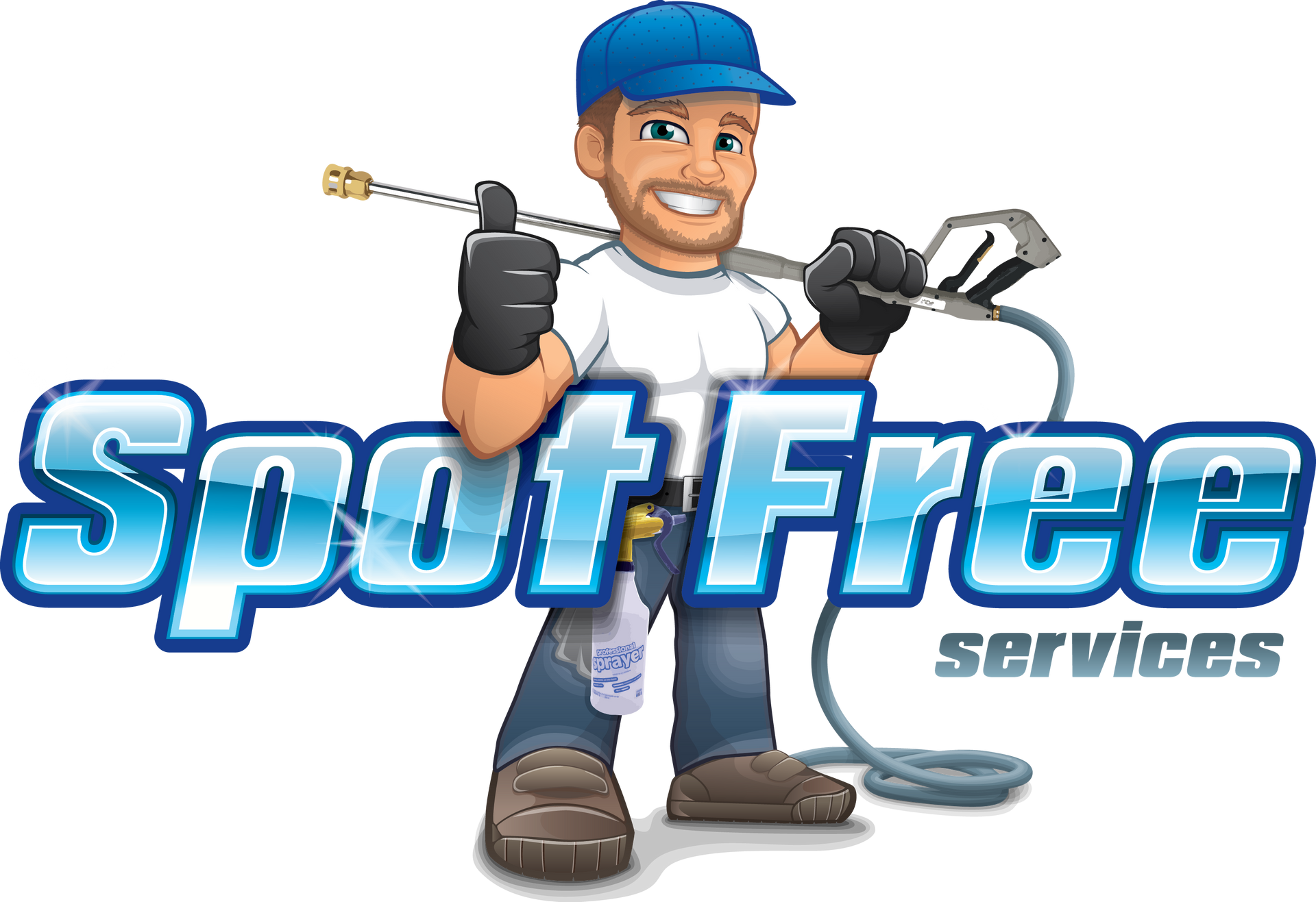 Cartoon professional holding a pressure washer and giving a thumbs up, with the company name 