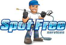 Cartoon professional holding a pressure washer and giving a thumbs up, with the company name